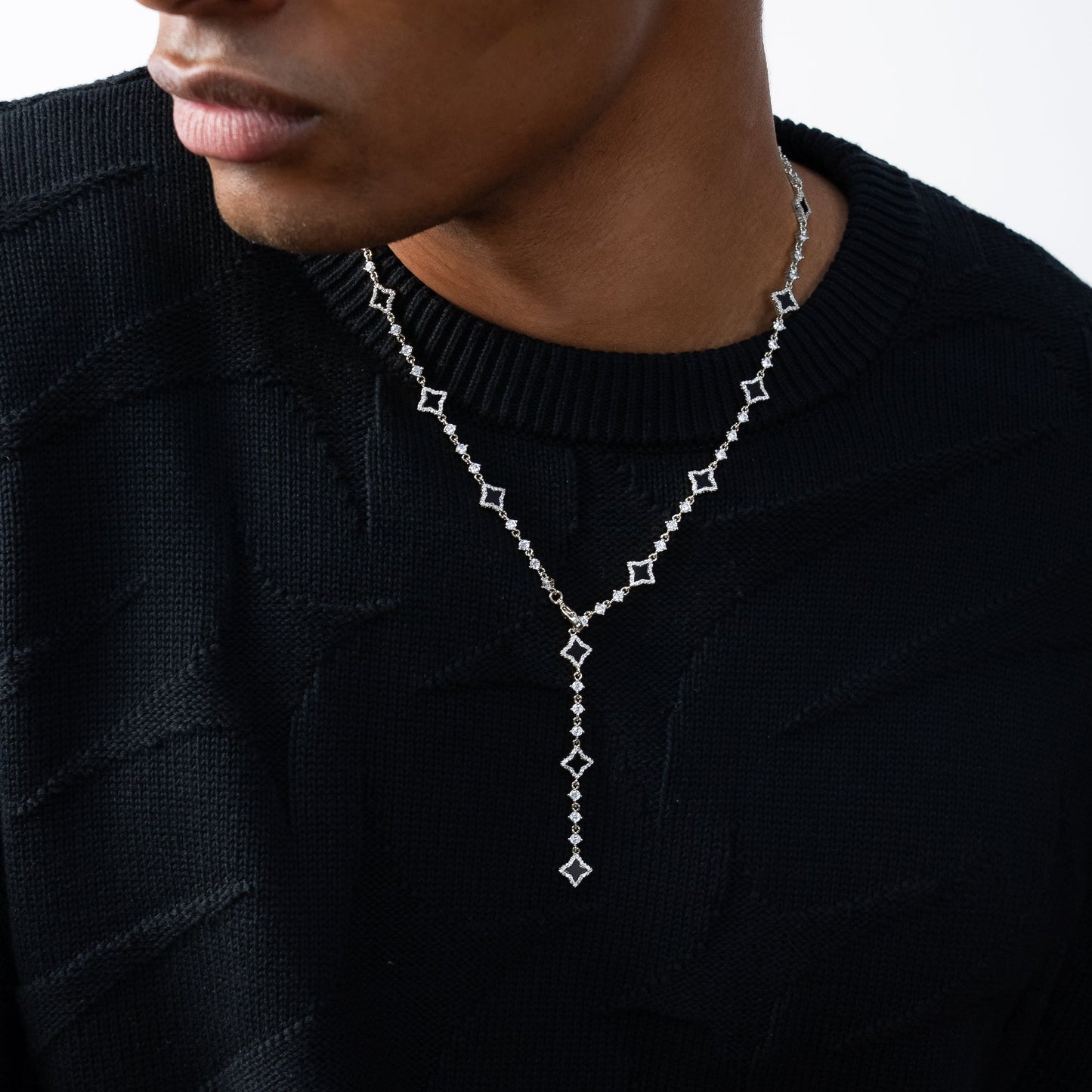 Lariat Flower Tennis Argenté - Motif Noir