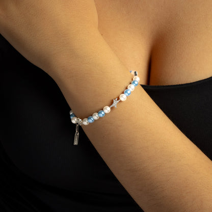 Bracelet perlé Signature Argenté - Blanc et Bleu