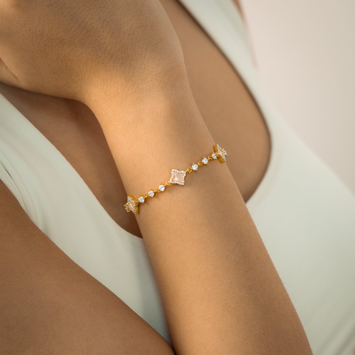 Bracelet Flower Tennis Doré - Motif Rose