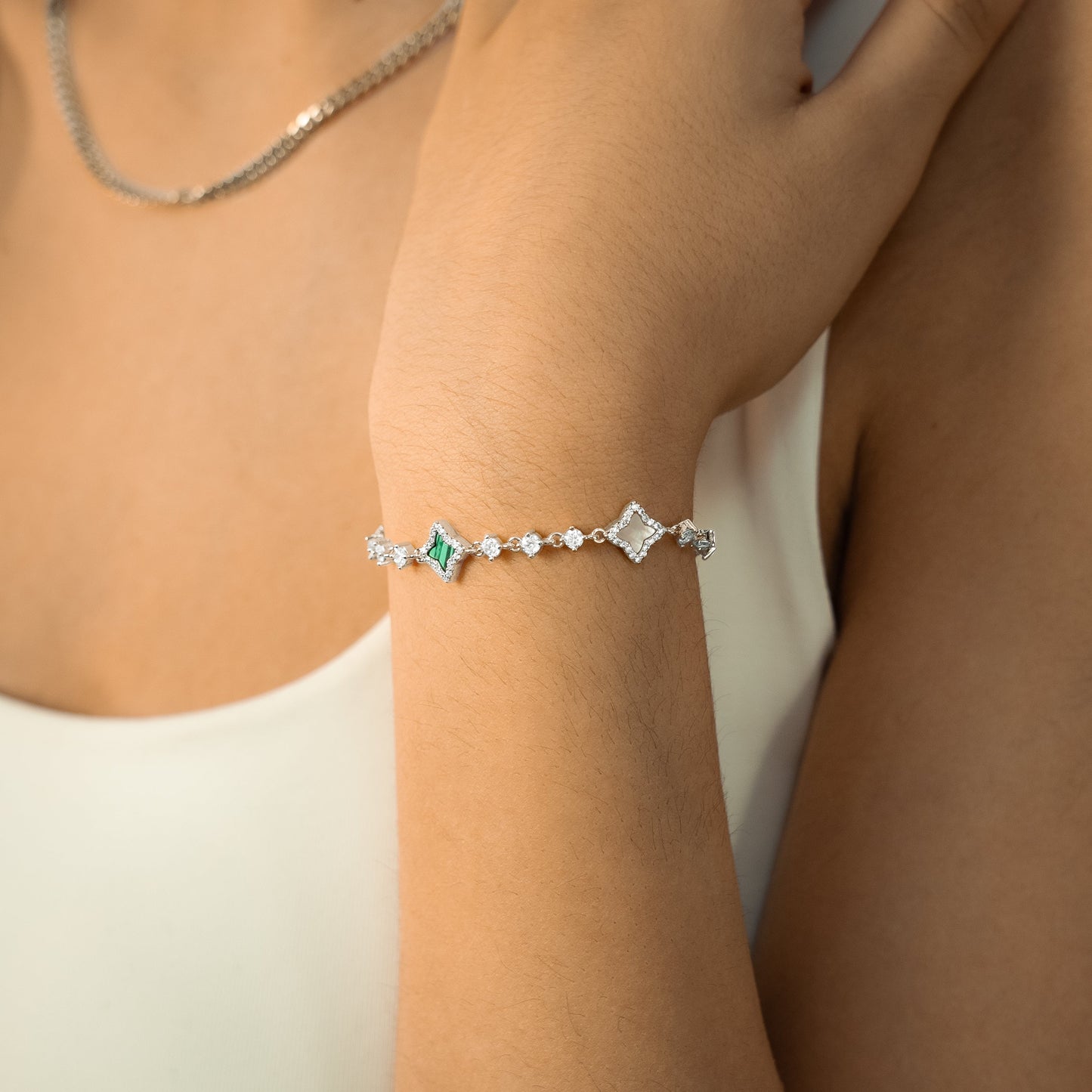 Bracelet Flower Tennis Argenté - Motif Blanc & Vert