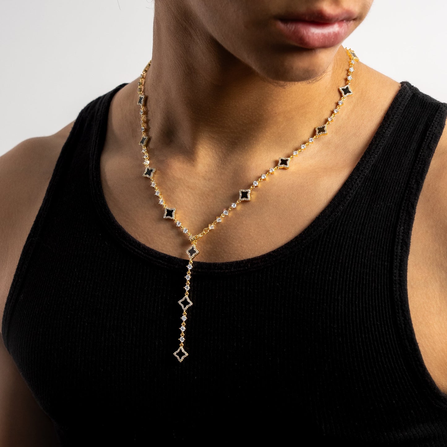 Lariat Flower Tennis Doré - Motif Noir