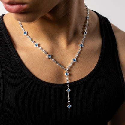 Lariat Flower Tennis Argenté - Pierres Bleues