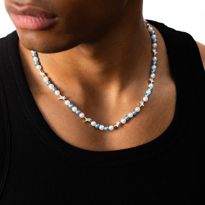 Chaîne perlée Signature Argentée - Blanc et Bleu