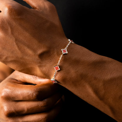Bracelet Flower câble Argenté - Motif Rouge